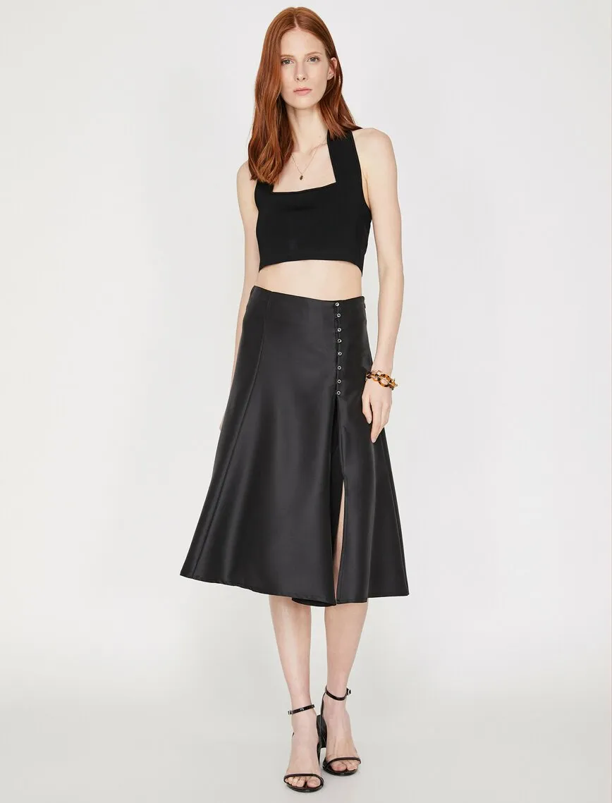 11813 Black Slit Detailed Midi Skirt