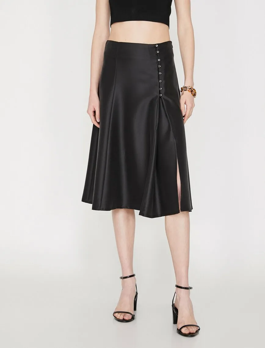 11813 Black Slit Detailed Midi Skirt