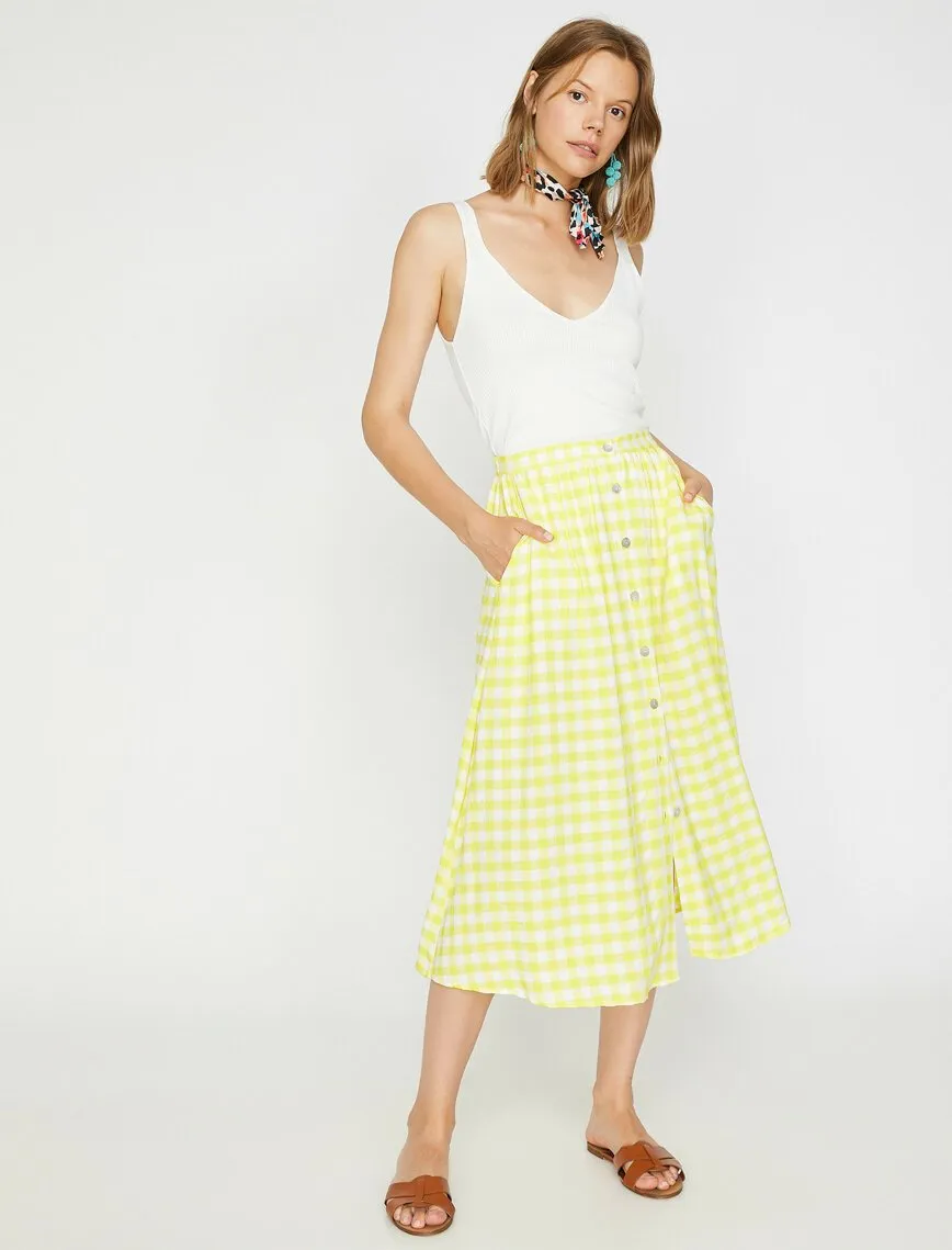 12030 Yellow Check Midi Skirt