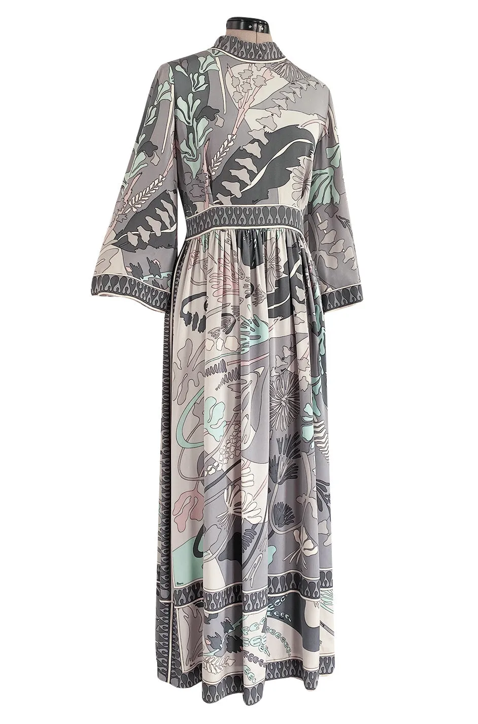 1960s Bessi Pastel Grey Pink & Turquoise Silk Jersey Print Dress w Wide Cut Sleeves