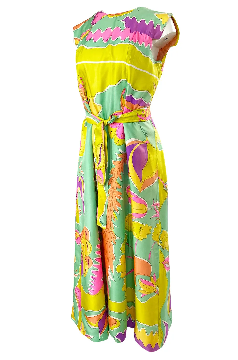 1960s Bessi Vivid Tropical Colors Printed Silk Twill Dress w Belt