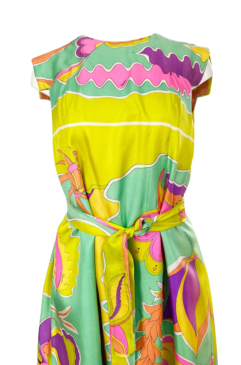 1960s Bessi Vivid Tropical Colors Printed Silk Twill Dress w Belt