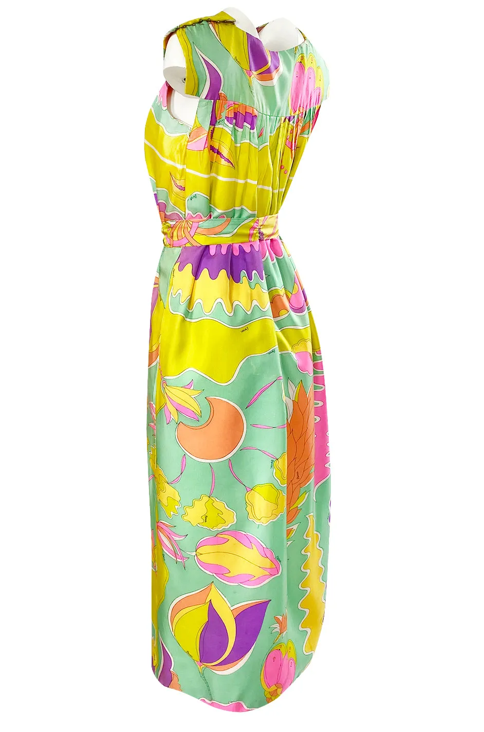 1960s Bessi Vivid Tropical Colors Printed Silk Twill Dress w Belt