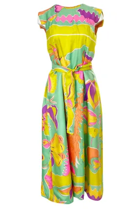 1960s Bessi Vivid Tropical Colors Printed Silk Twill Dress w Belt