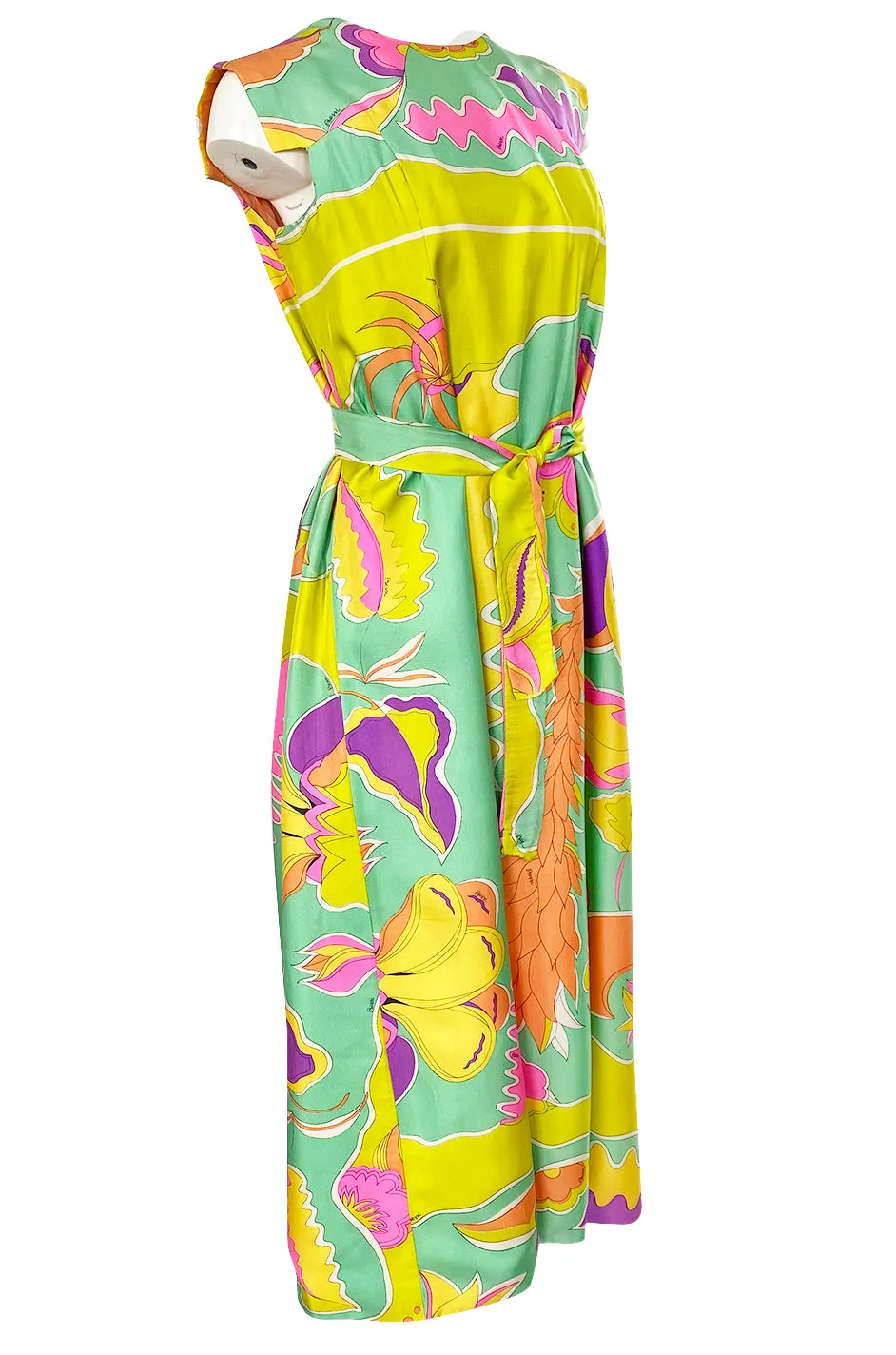 1960s Bessi Vivid Tropical Colors Printed Silk Twill Dress w Belt