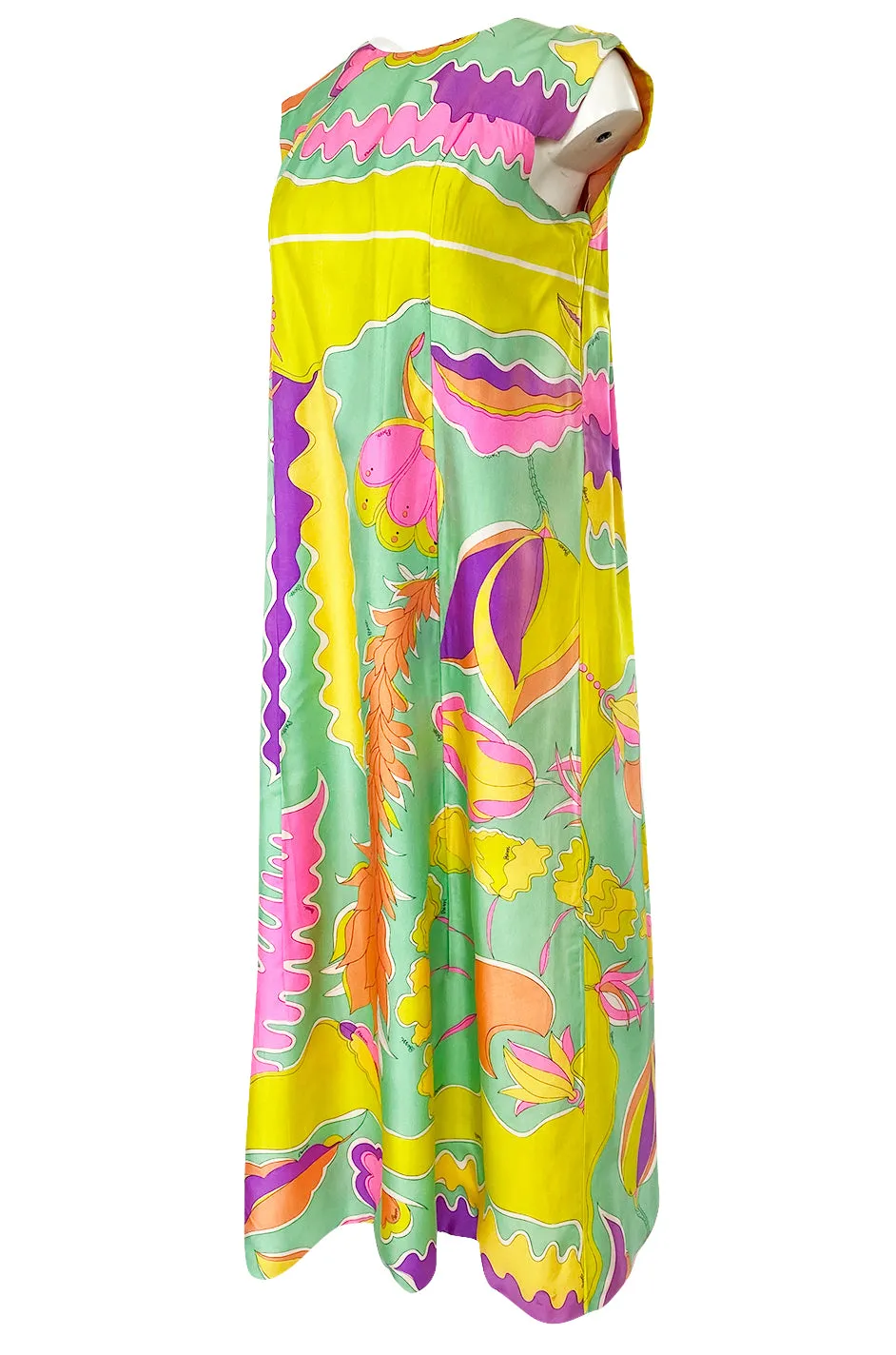 1960s Bessi Vivid Tropical Colors Printed Silk Twill Dress w Belt