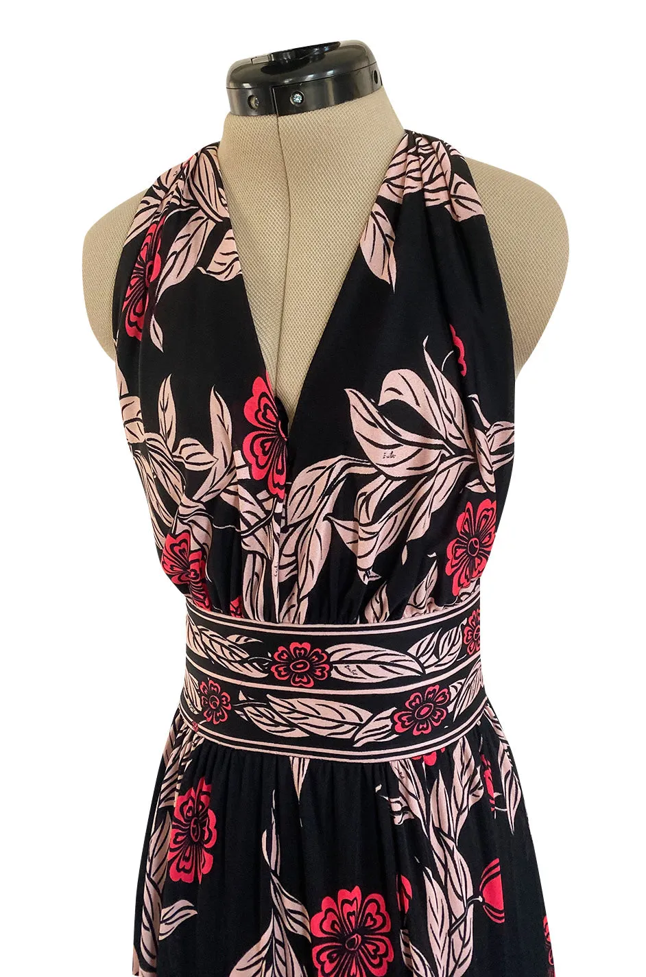 1960s Emilio Pucci Pink & Black Floral Printed Silk Jersey Halter Dress w Open Back