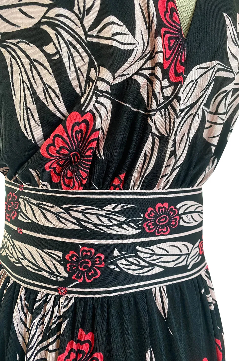 1960s Emilio Pucci Pink & Black Floral Printed Silk Jersey Halter Dress w Open Back