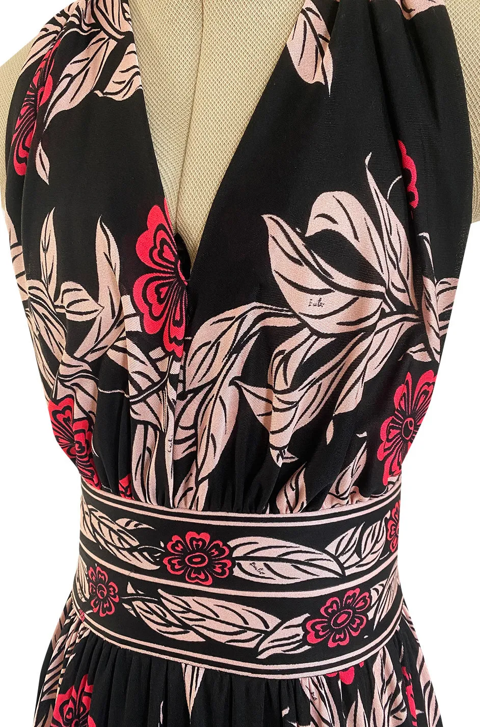 1960s Emilio Pucci Pink & Black Floral Printed Silk Jersey Halter Dress w Open Back