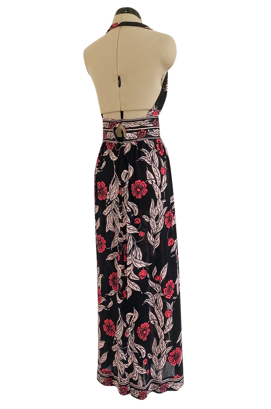 1960s Emilio Pucci Pink & Black Floral Printed Silk Jersey Halter Dress w Open Back