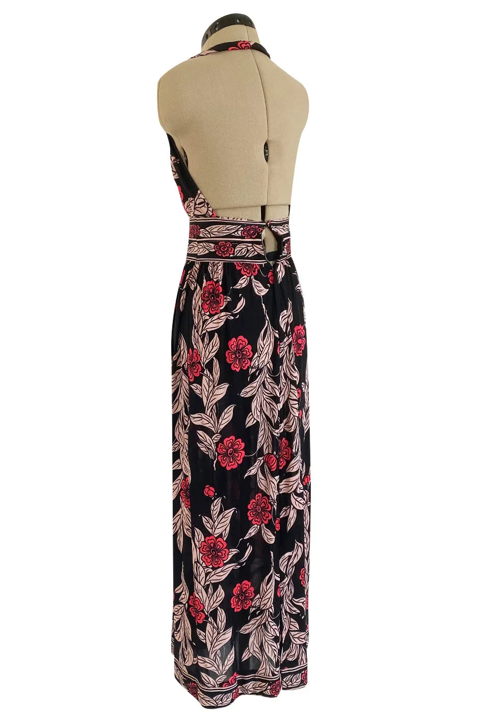 1960s Emilio Pucci Pink & Black Floral Printed Silk Jersey Halter Dress w Open Back