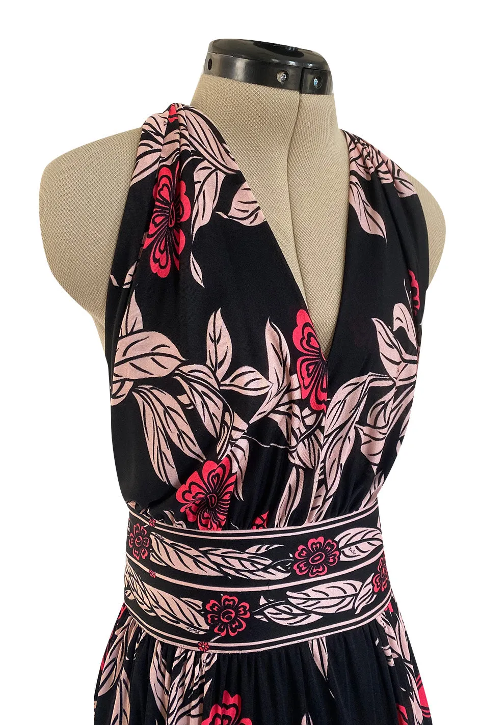 1960s Emilio Pucci Pink & Black Floral Printed Silk Jersey Halter Dress w Open Back