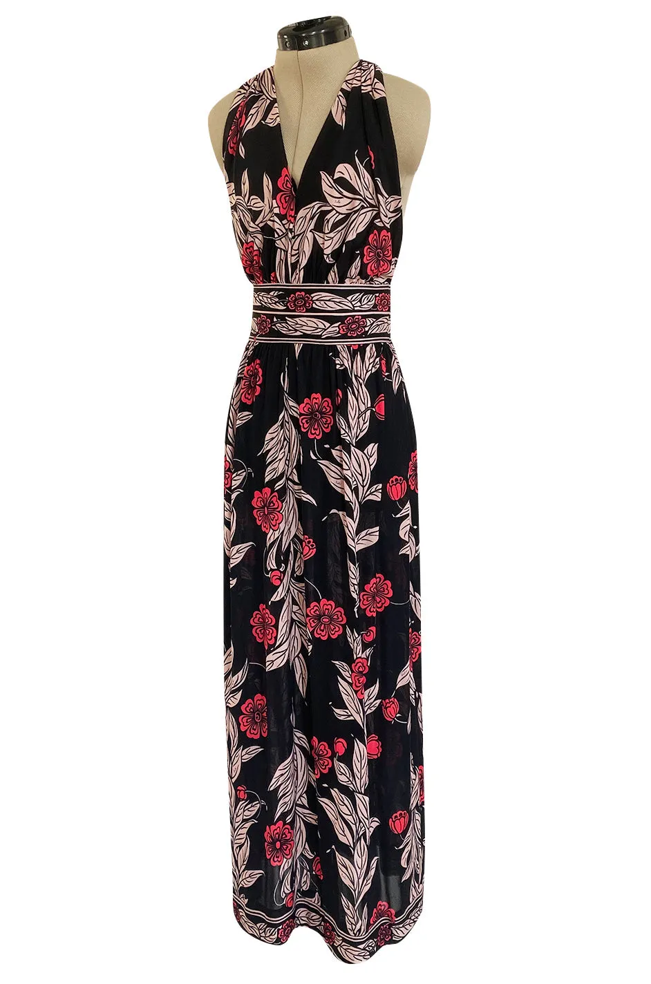 1960s Emilio Pucci Pink & Black Floral Printed Silk Jersey Halter Dress w Open Back