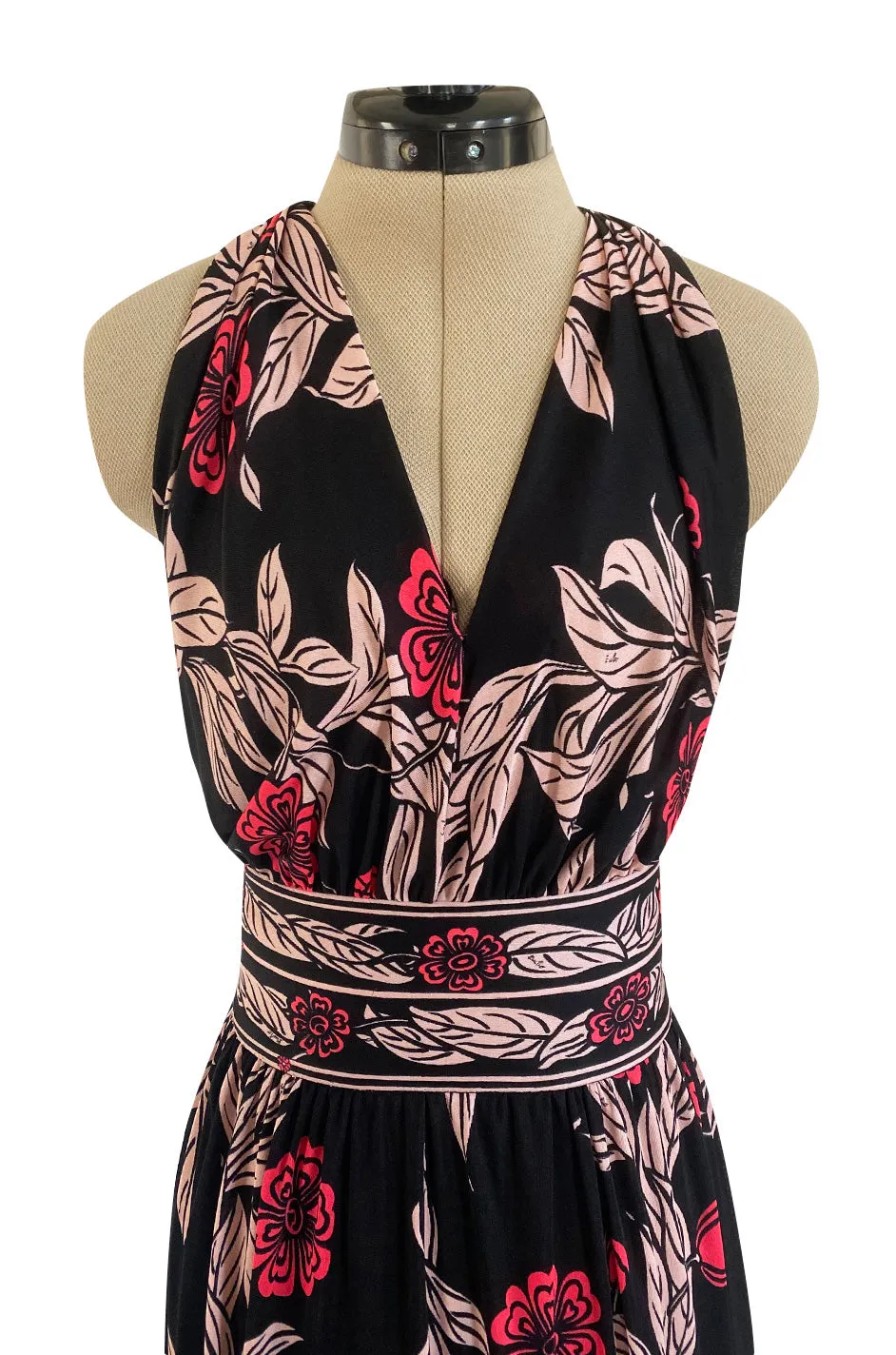 1960s Emilio Pucci Pink & Black Floral Printed Silk Jersey Halter Dress w Open Back