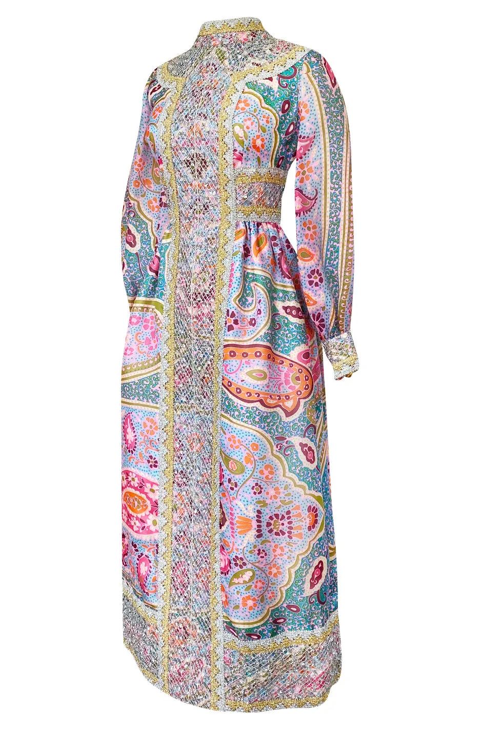 1970s Ronald Amey Pale Pastel Print Dress w Silver & Gold Metallic Detailing