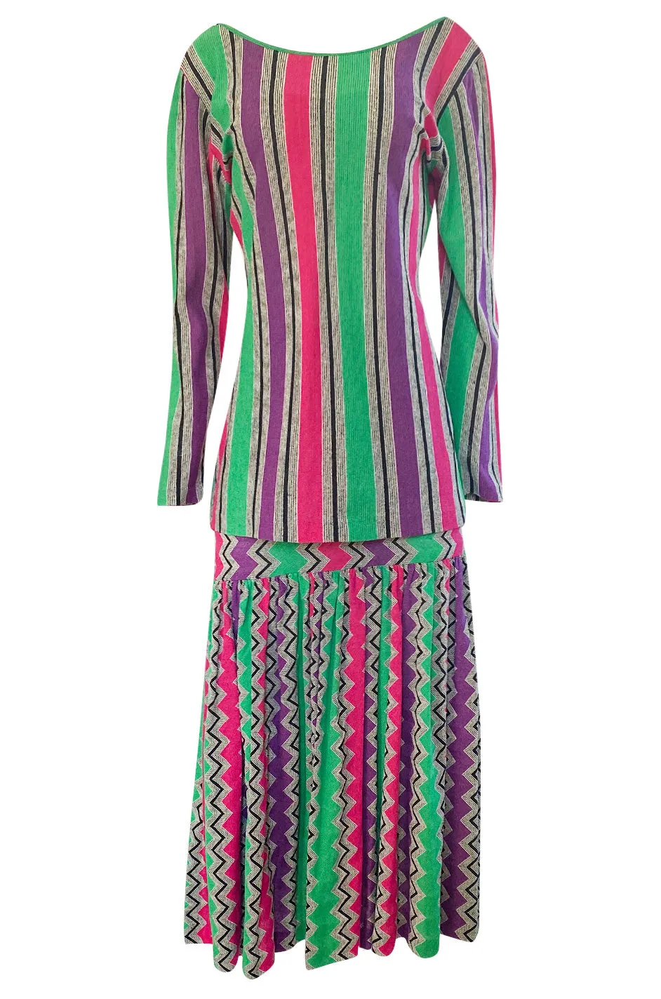 1980s Missoni Cotton Linen Green Purple & Pink Striped Skirt Tunic Set