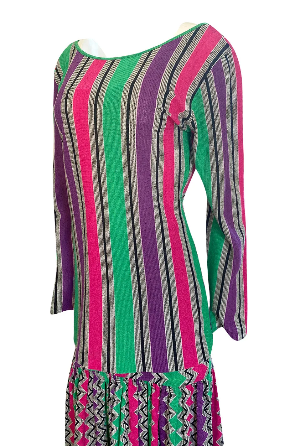 1980s Missoni Cotton Linen Green Purple & Pink Striped Skirt Tunic Set