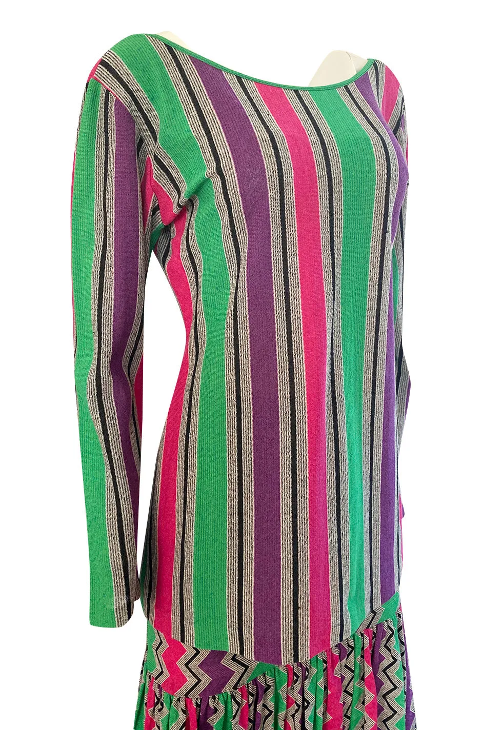 1980s Missoni Cotton Linen Green Purple & Pink Striped Skirt Tunic Set