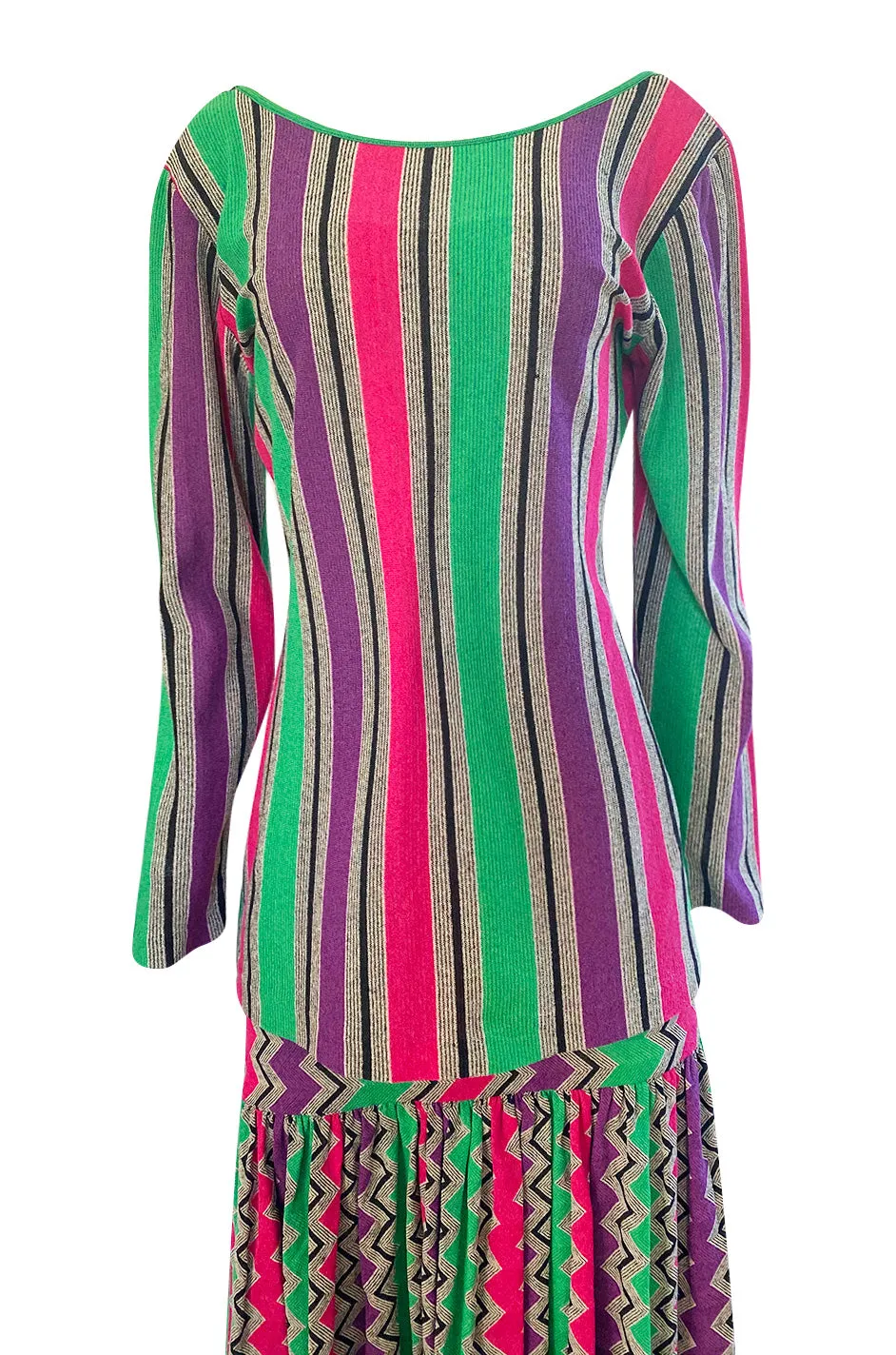 1980s Missoni Cotton Linen Green Purple & Pink Striped Skirt Tunic Set