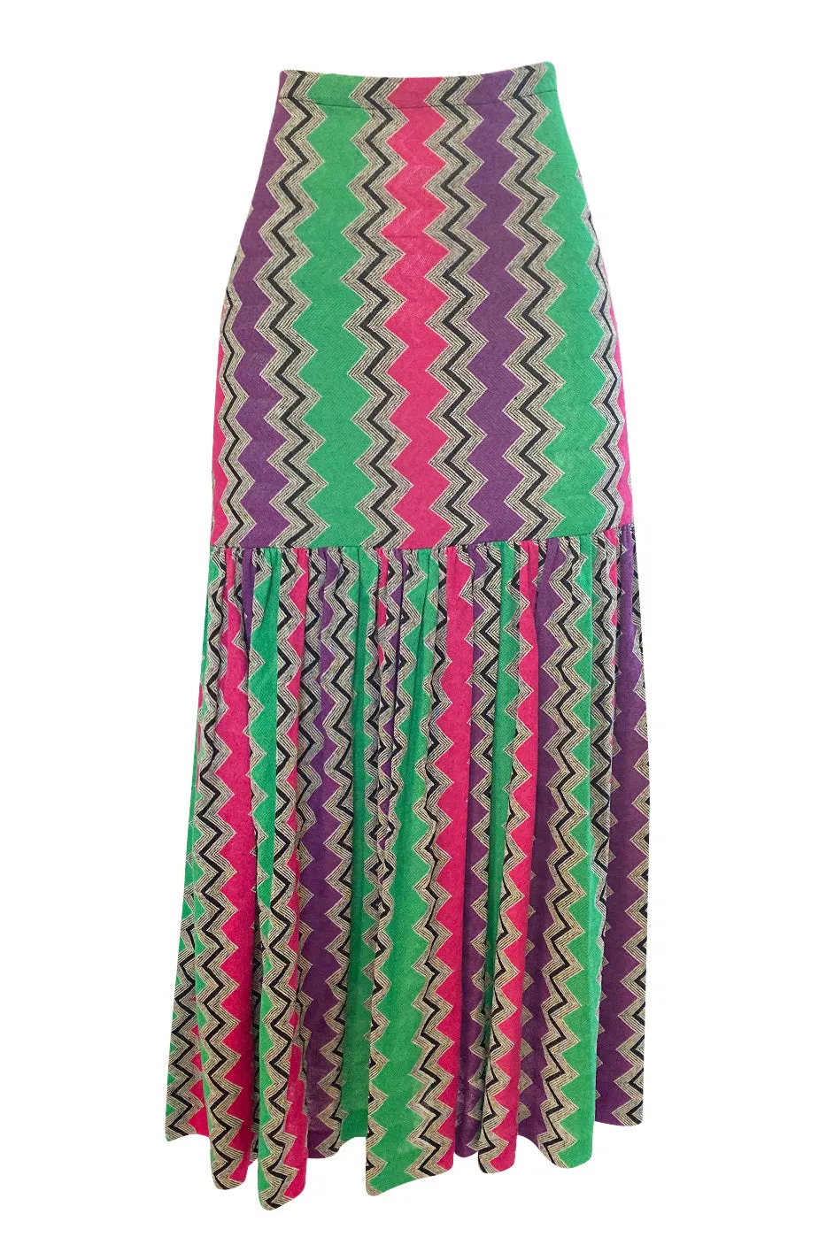 1980s Missoni Cotton Linen Green Purple & Pink Striped Skirt Tunic Set