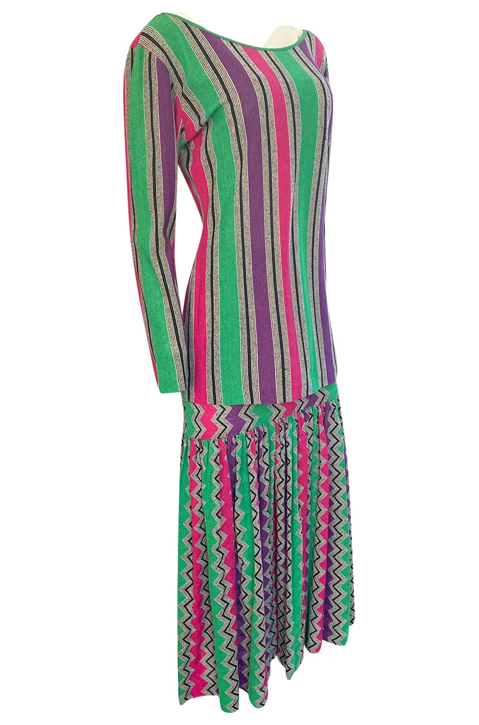 1980s Missoni Cotton Linen Green Purple & Pink Striped Skirt Tunic Set