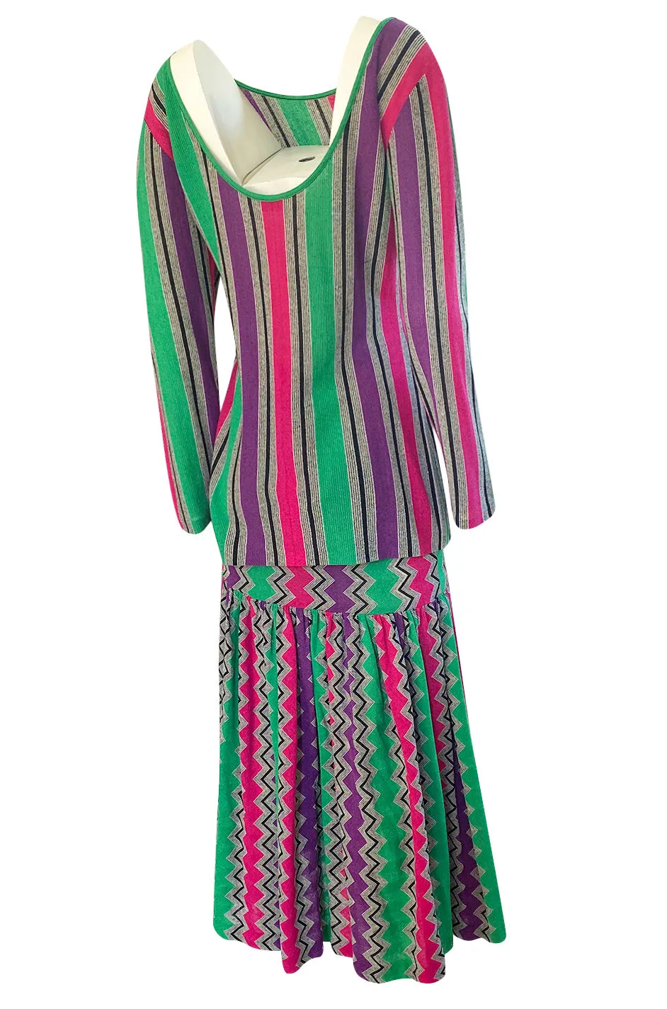 1980s Missoni Cotton Linen Green Purple & Pink Striped Skirt Tunic Set