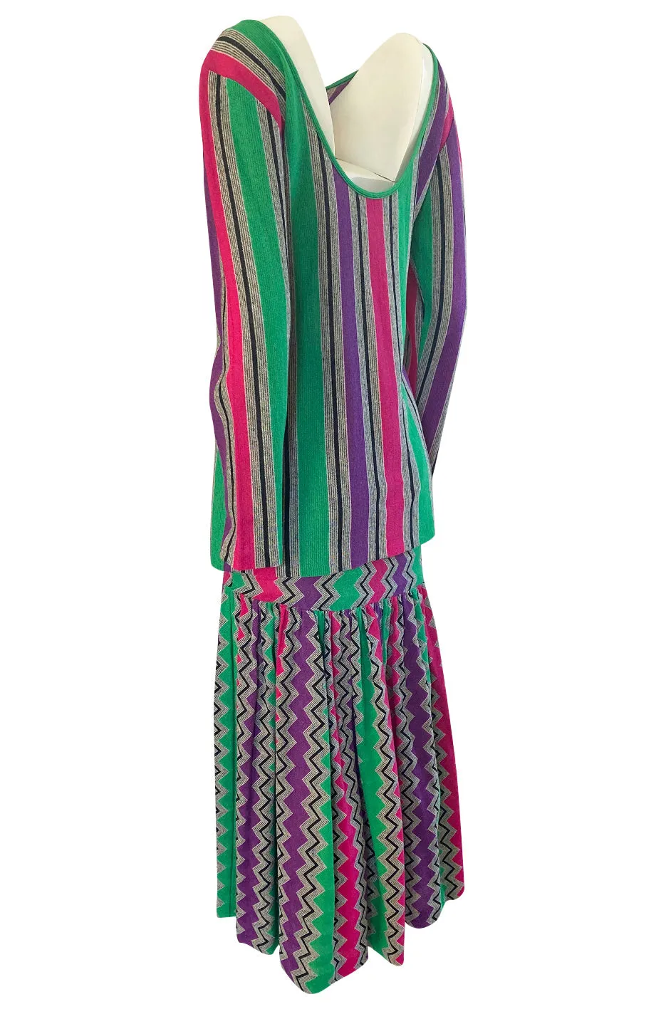 1980s Missoni Cotton Linen Green Purple & Pink Striped Skirt Tunic Set