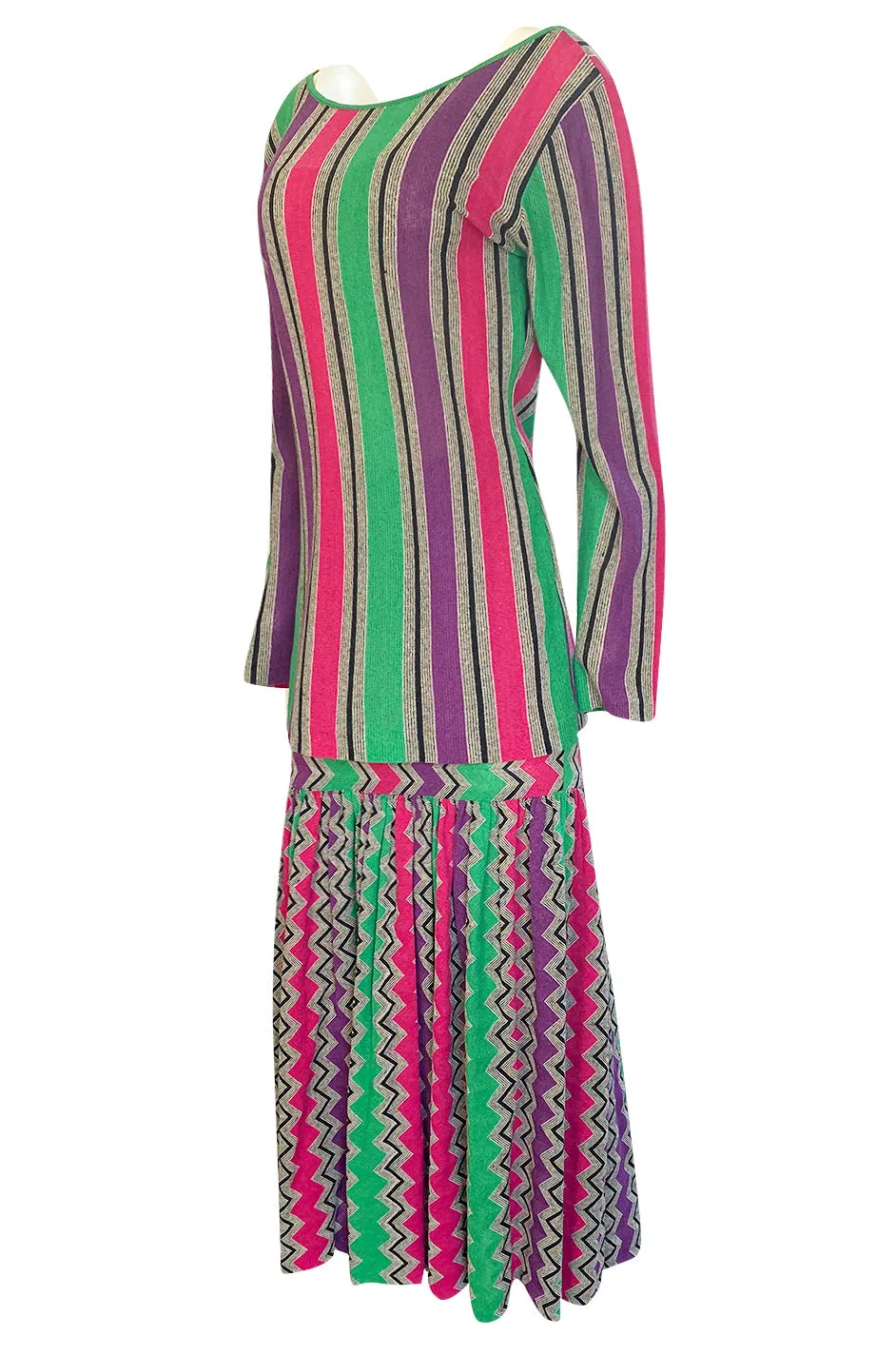 1980s Missoni Cotton Linen Green Purple & Pink Striped Skirt Tunic Set