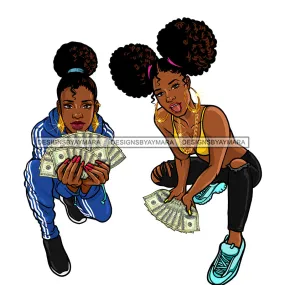 2 Sista's Kneeling Fanning Money Dollar Bills JPG PNG  Clipart Cricut Silhouette Cut Cutting