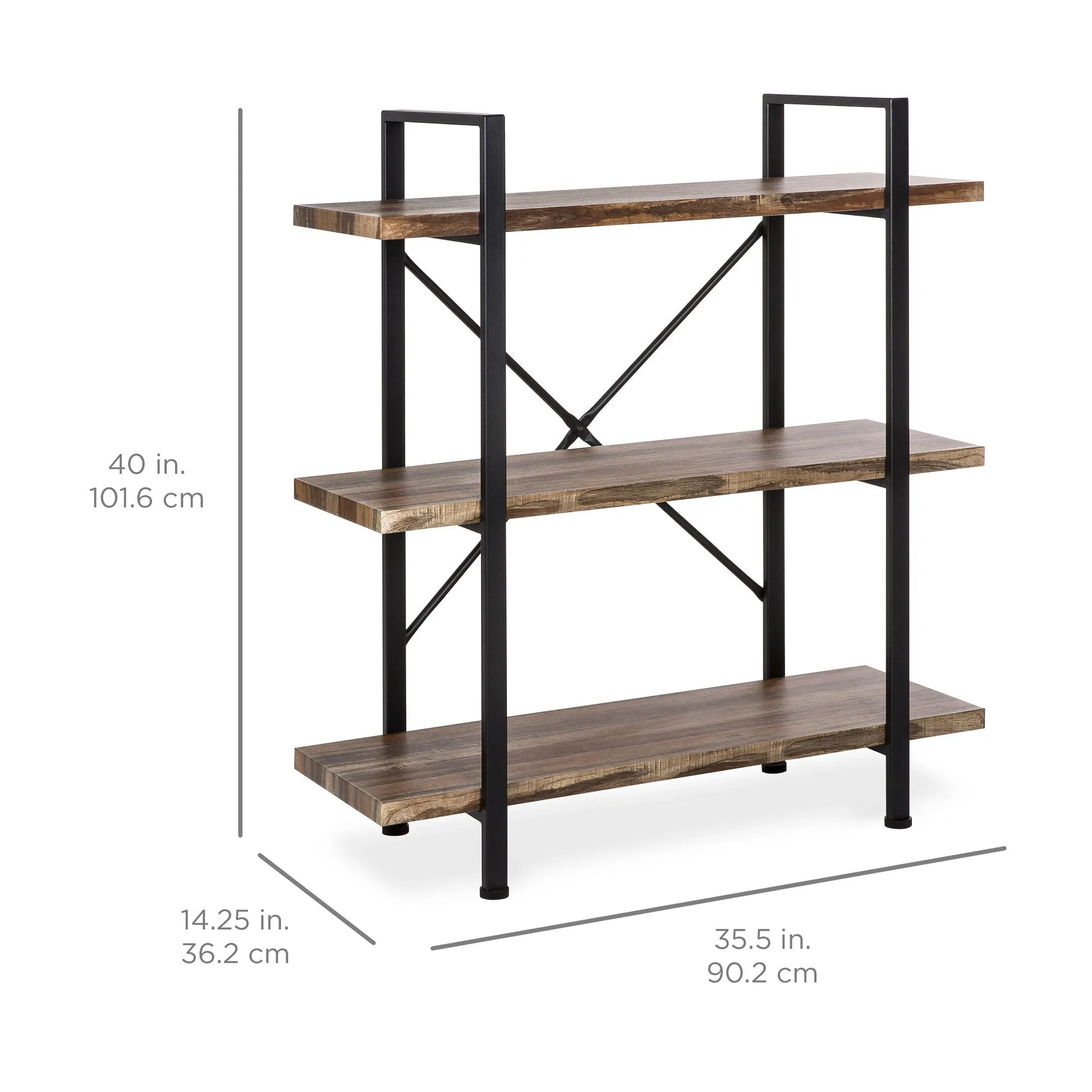 3-Shelf Industrial Open Bookshelf Furniture w/ Wood Shelves, Metal Frame