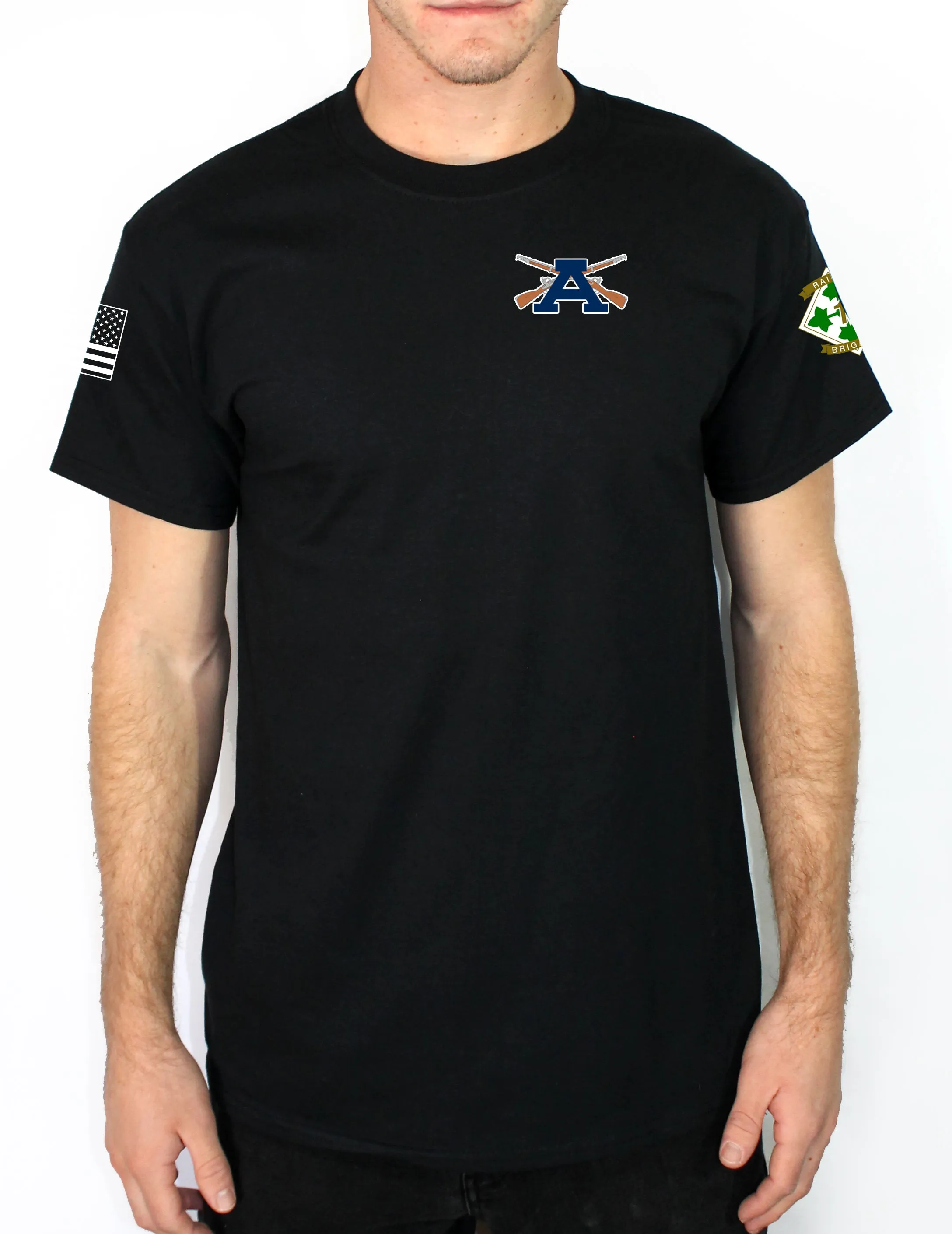 A Company 50-50 Blend Black Unisex PT Short Sleeve Shirt. Approved for PT