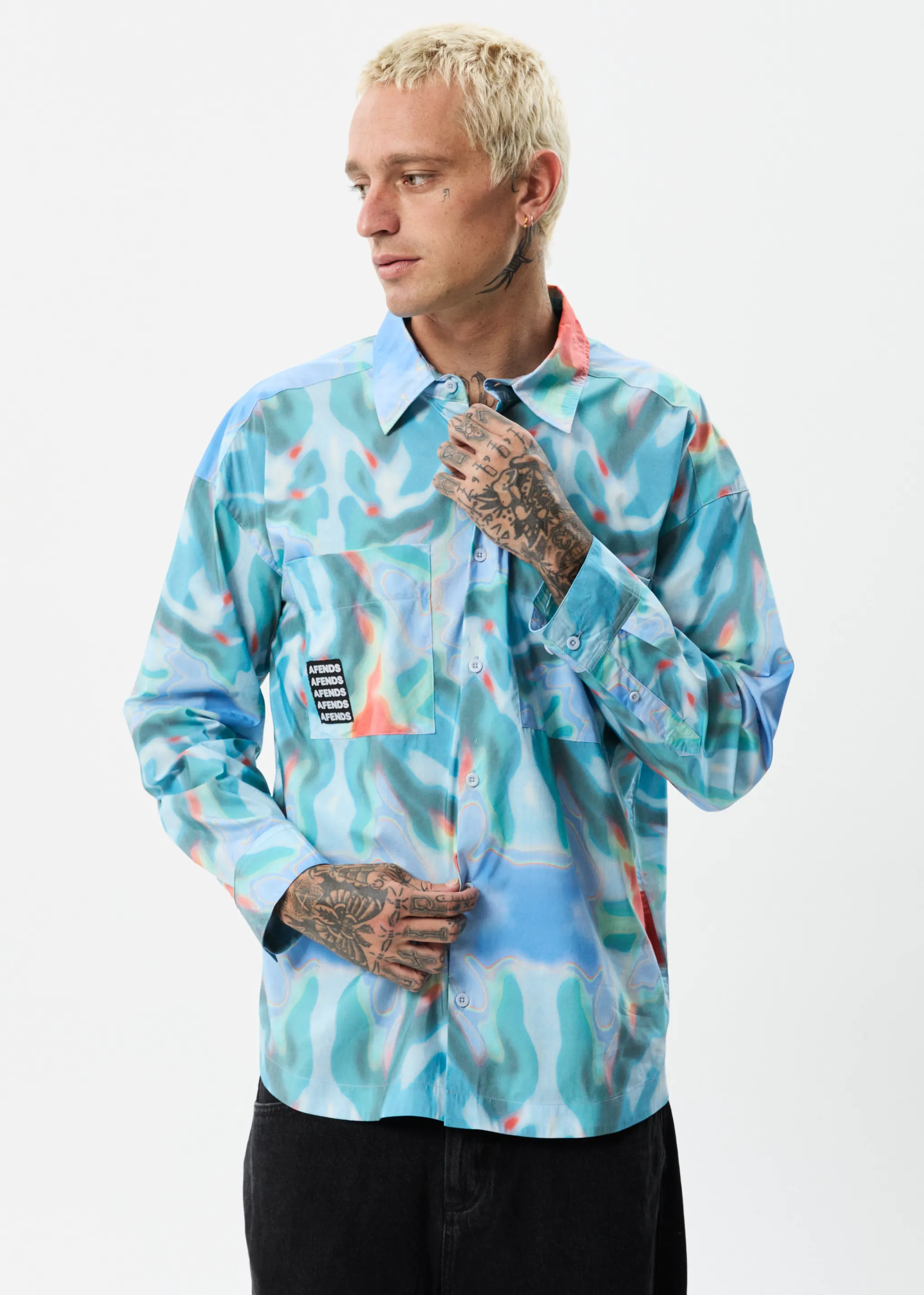 AFENDS Mens Thermal - Oversized Long Sleeve Shirt - Multi