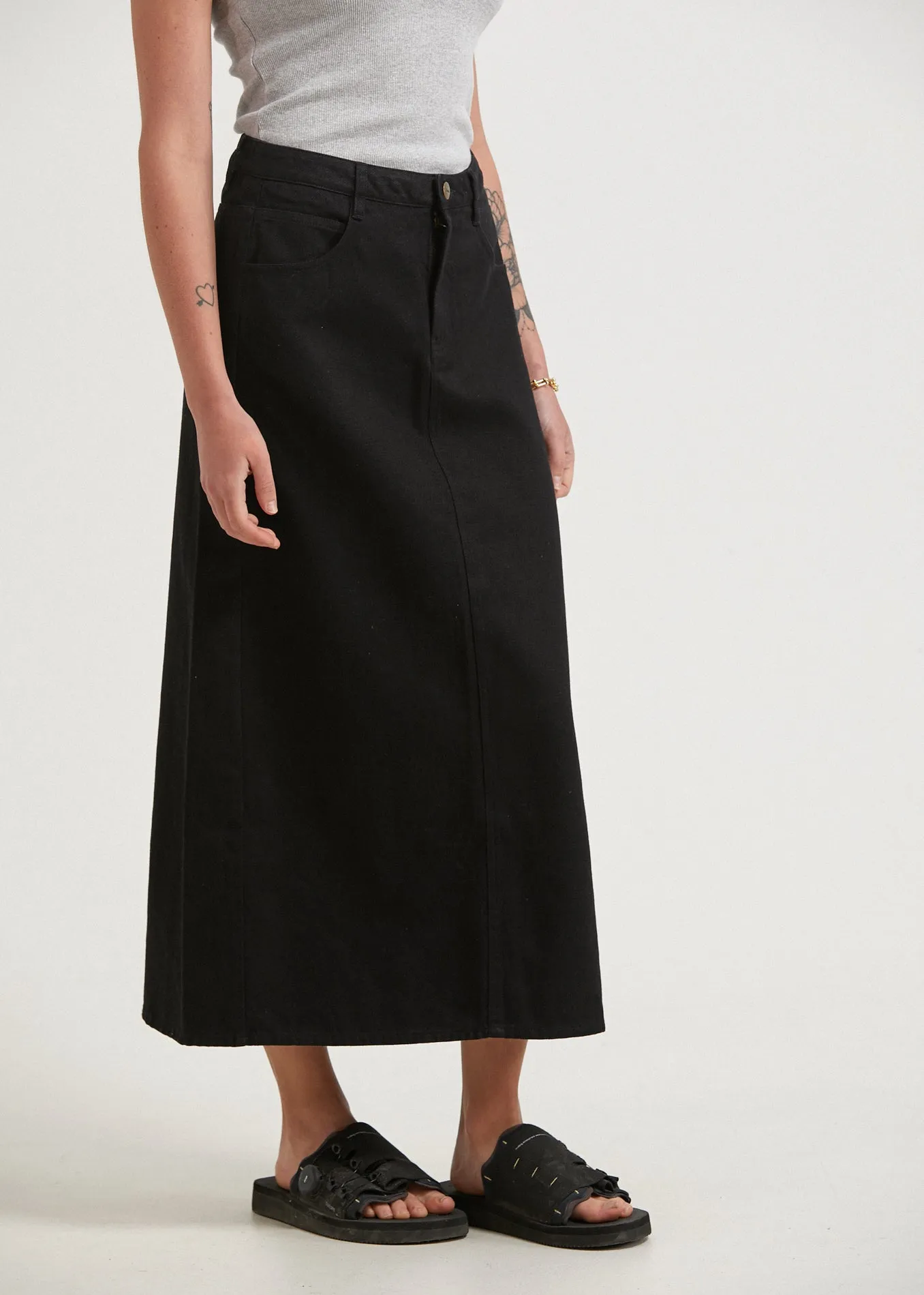 AFENDS Womens Nina - Twill High Rise Midi Skirt - Black