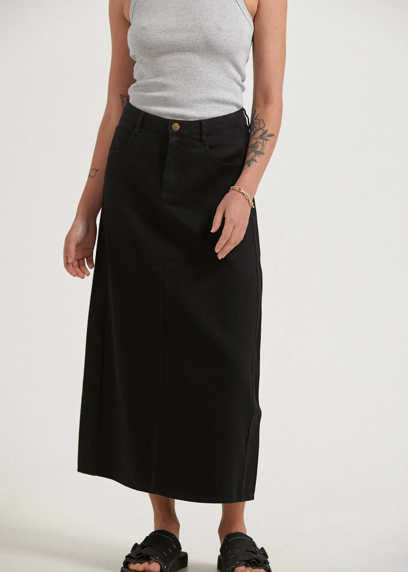 AFENDS Womens Nina - Twill High Rise Midi Skirt - Black