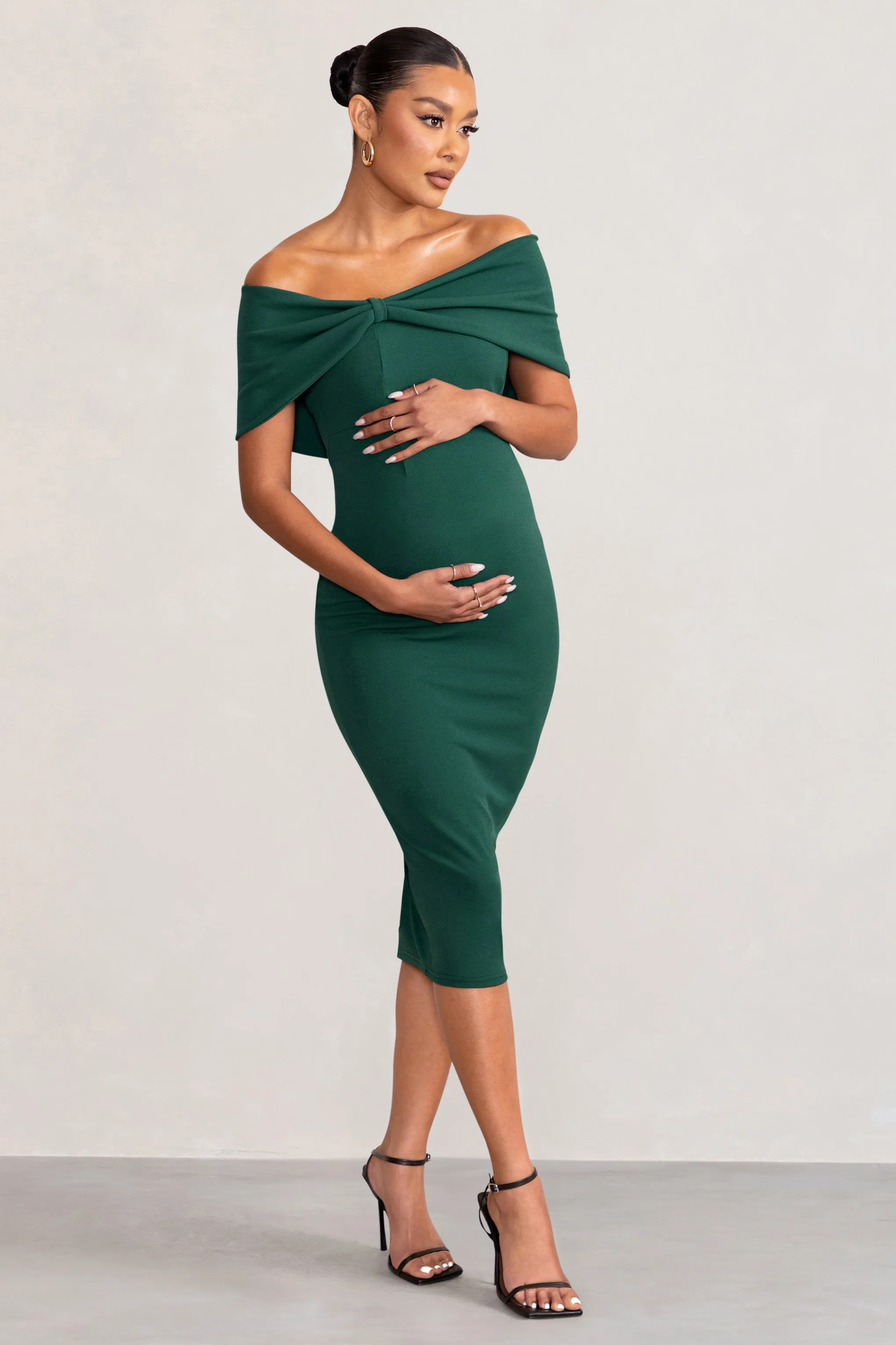 Alyssa | Bottle Green Bardot Bow Maternity Midi Dress with Ruching