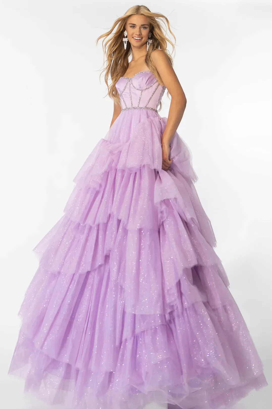 Ava Presley 28592 Size 2 Lilac Shimmer Tulle A Line Layer Ballgown Prom Dress Satin Corset Crystal Embellished Formal Gown