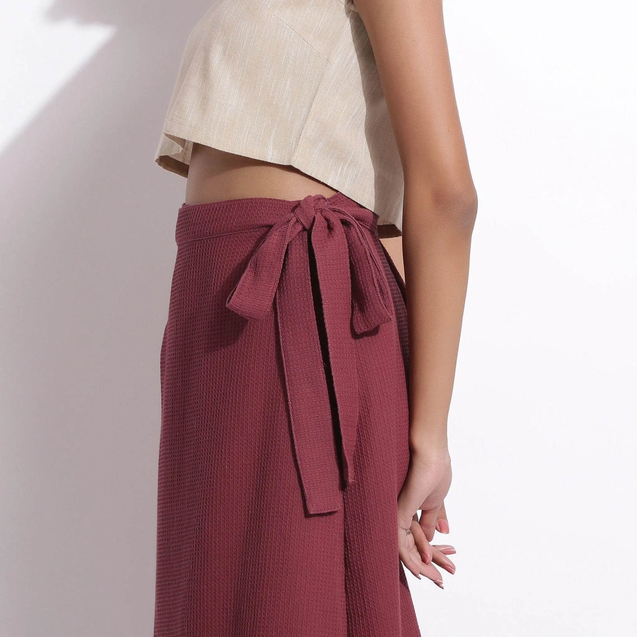 Barn Red Warm Cotton Waffle Midi Wrap Skirt