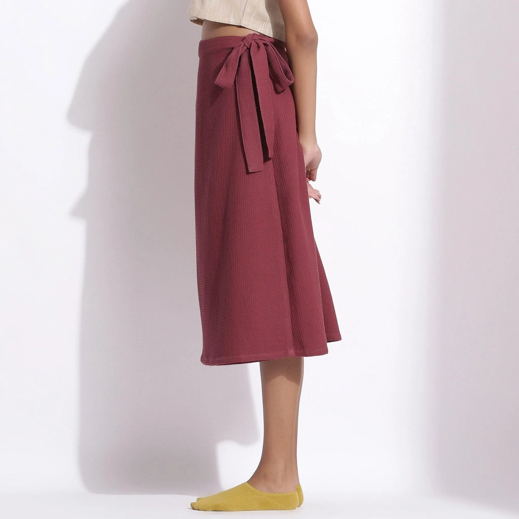 Barn Red Warm Cotton Waffle Midi Wrap Skirt