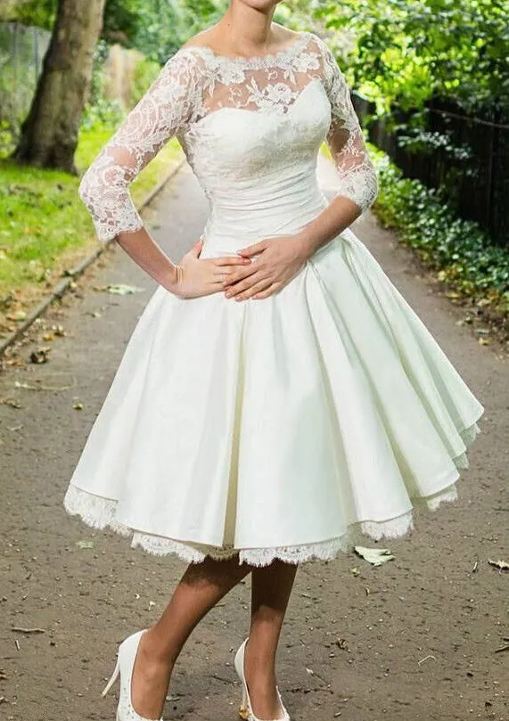 Bateau 3/4 Sleeve Knee-Length Ivory Lace Satin Wedding Dress