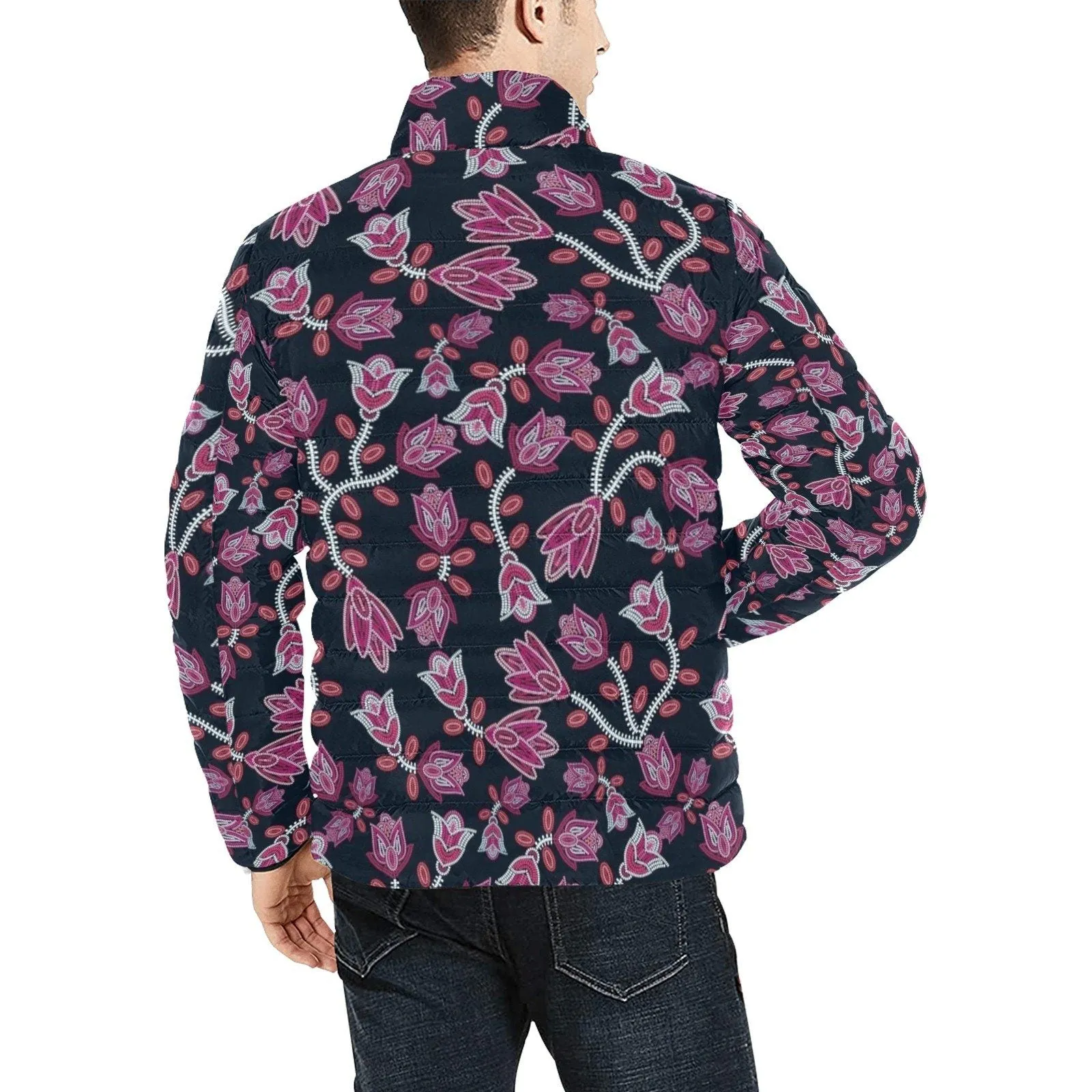 Beaded Pink Men's Stand Collar Padded Jacket