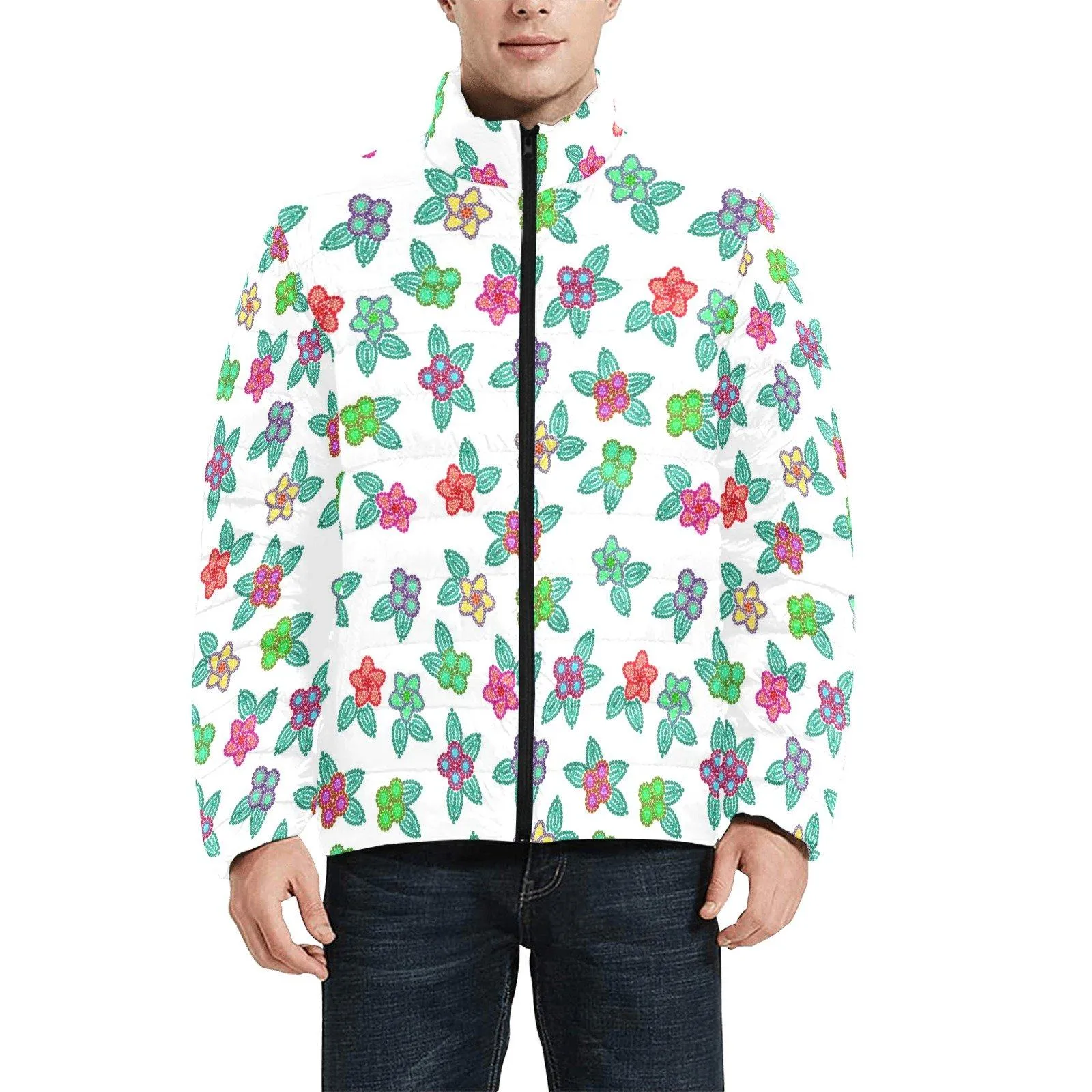 Berry Flowers White Men's Stand Collar Padded Jacket