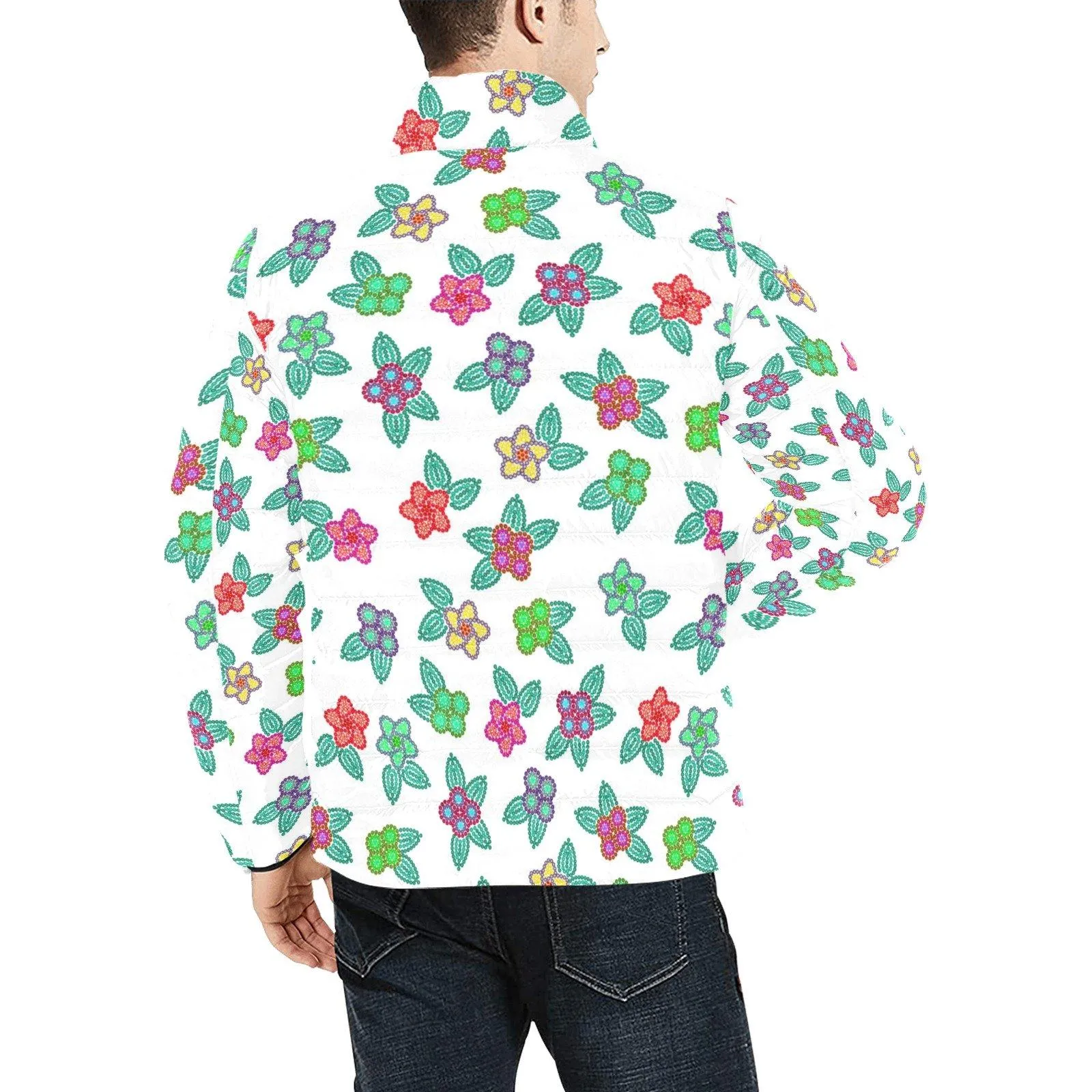 Berry Flowers White Men's Stand Collar Padded Jacket