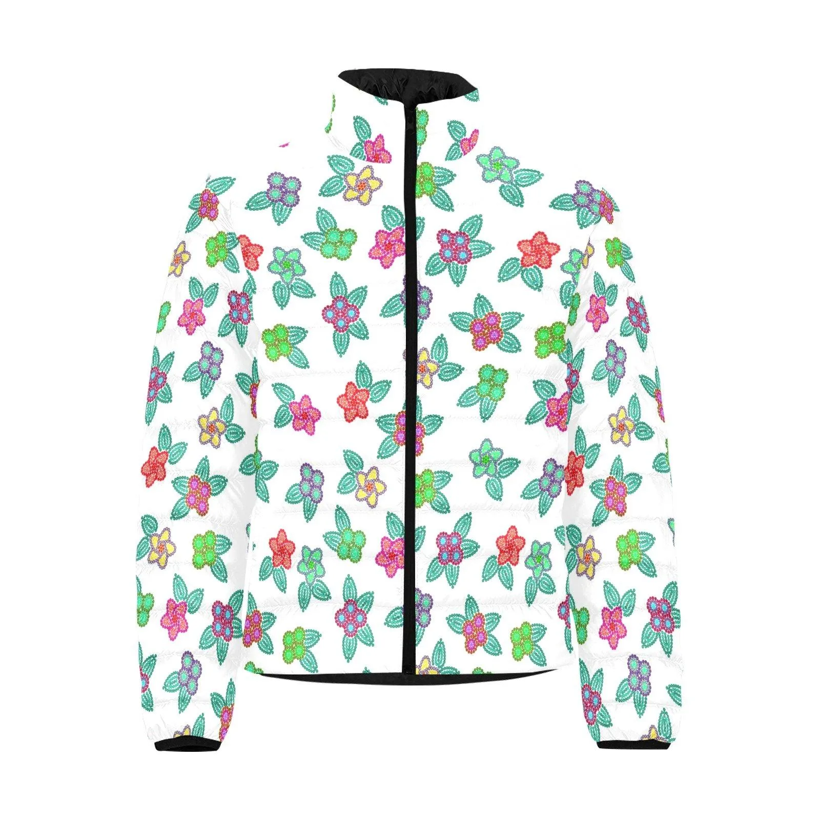 Berry Flowers White Men's Stand Collar Padded Jacket