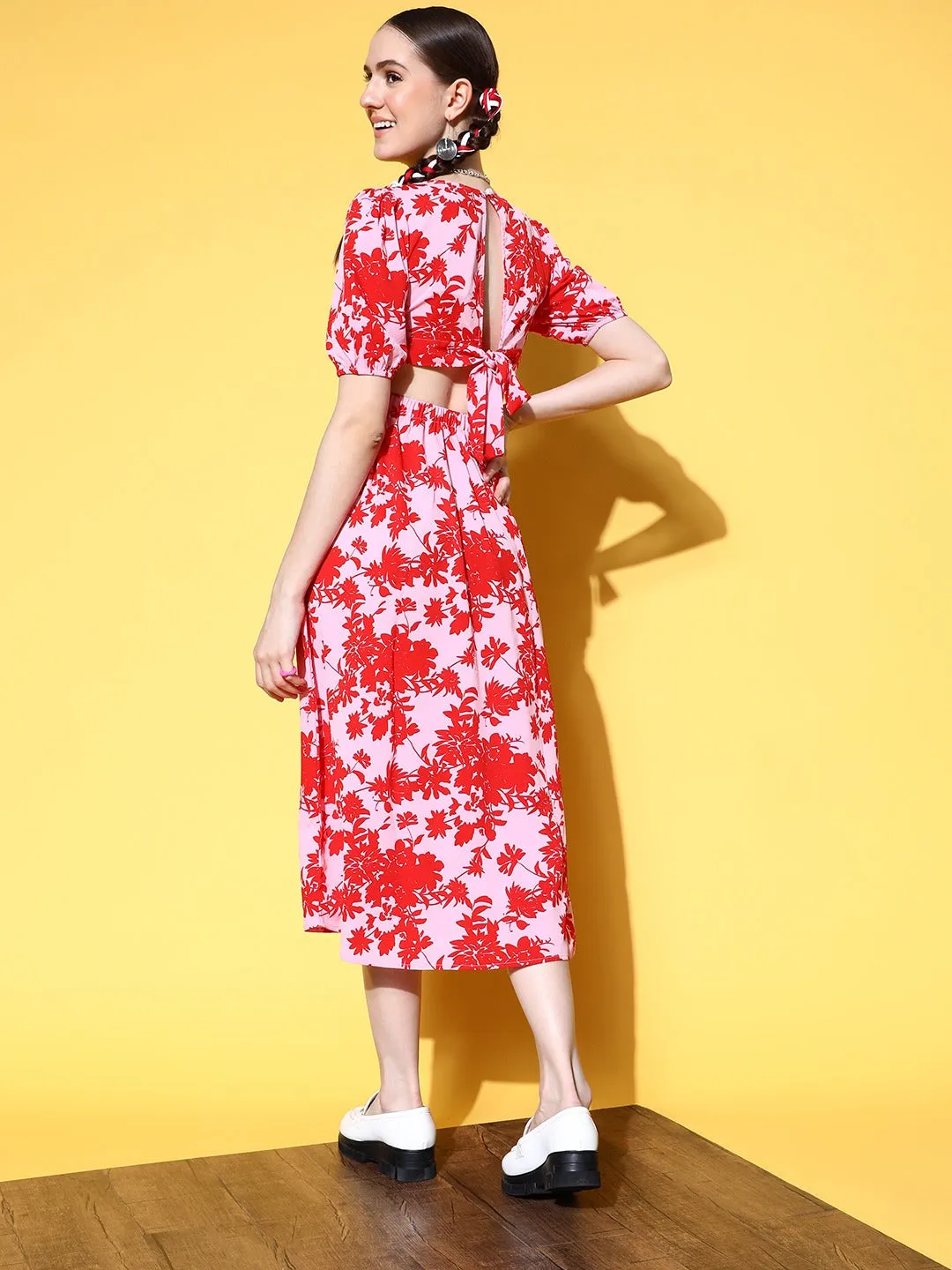 Berrylush Women Pink & Red Floral Printed V-Neck Cutout Tie-Up Crepe A-Line Midi Dress