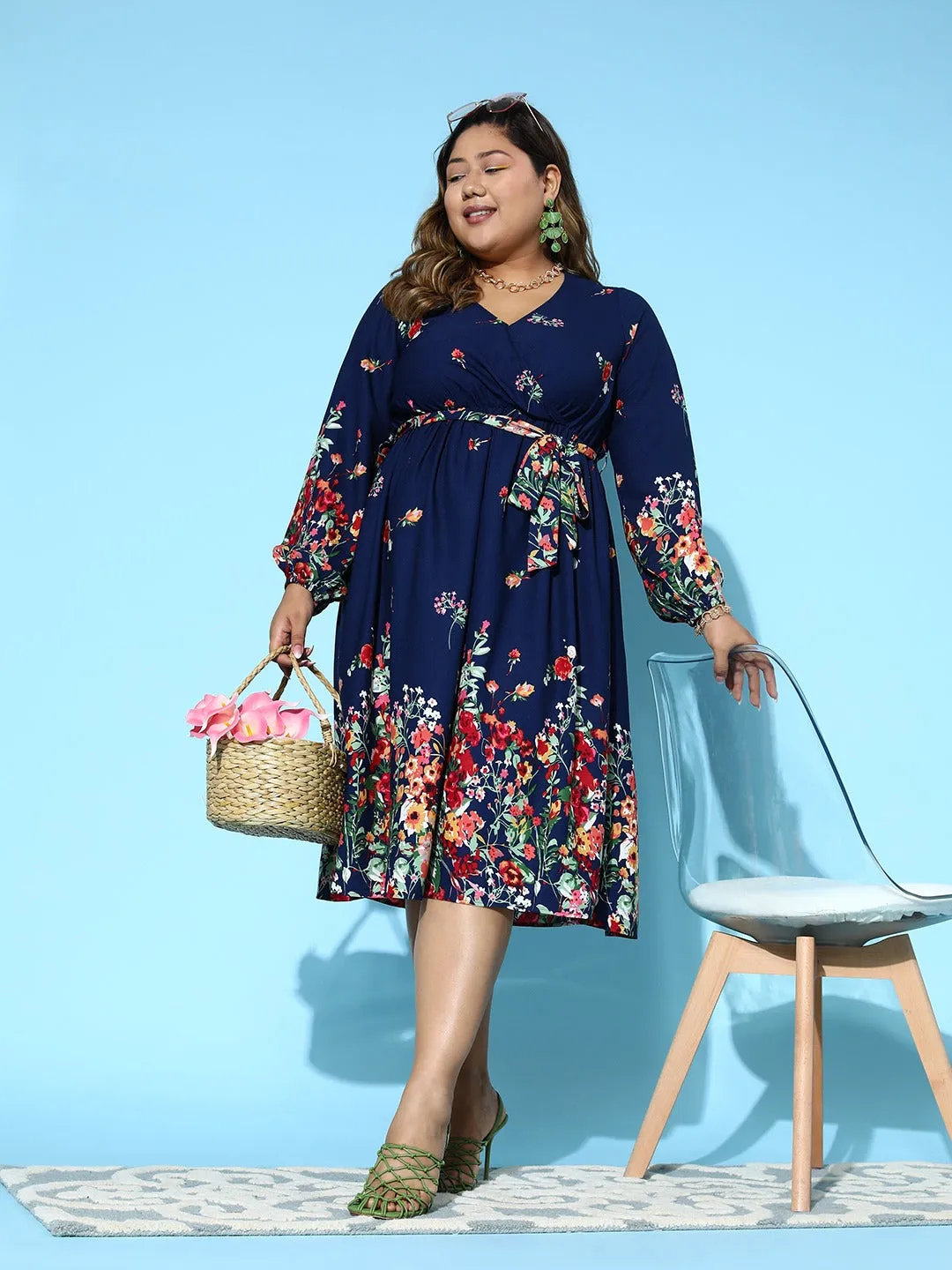 Berrylush Women Plus Size Navy Blue & Red Floral Printed V-Neck Puff Sleeves Tie-Up Waist Flared Wrap Midi Dress