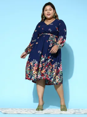 Berrylush Women Plus Size Navy Blue & Red Floral Printed V-Neck Puff Sleeves Tie-Up Waist Flared Wrap Midi Dress