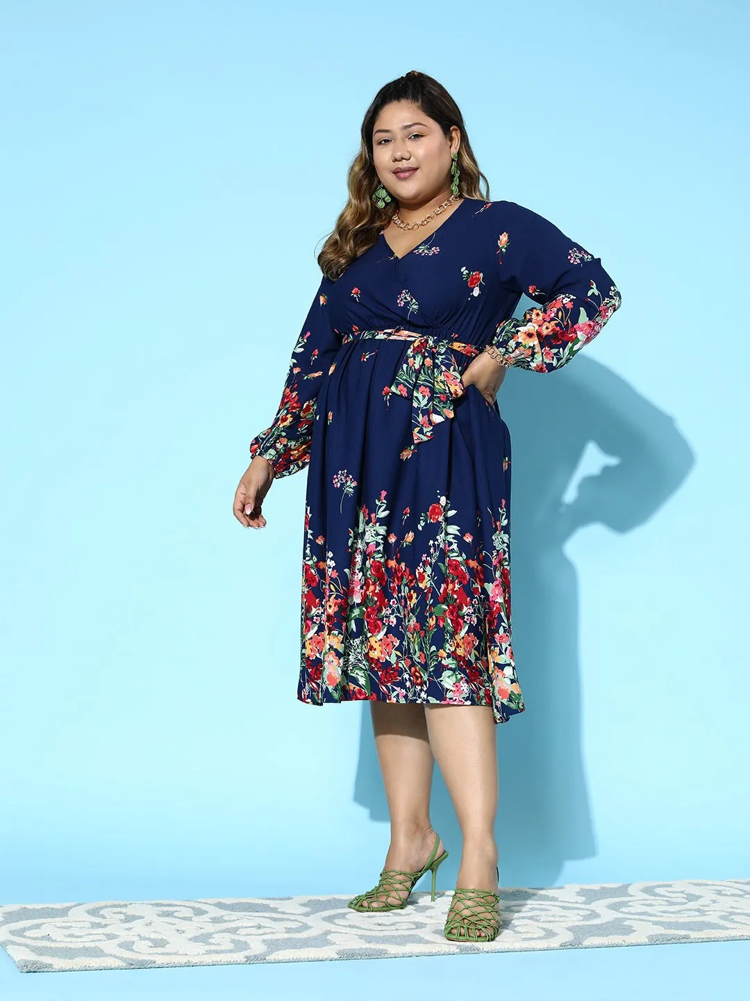 Berrylush Women Plus Size Navy Blue & Red Floral Printed V-Neck Puff Sleeves Tie-Up Waist Flared Wrap Midi Dress