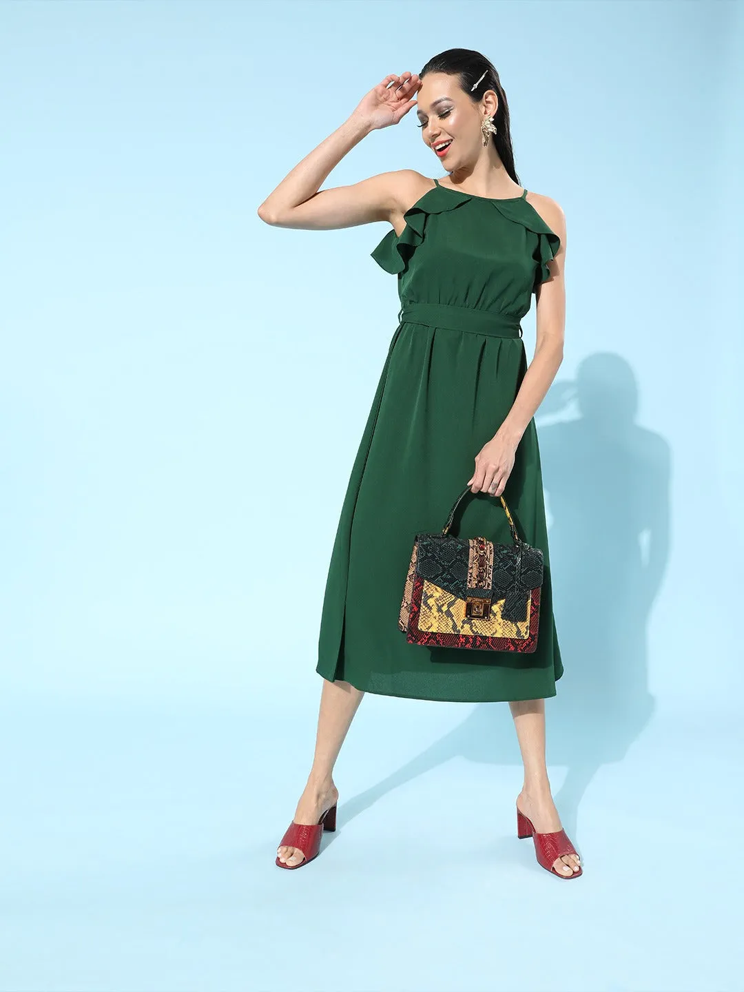 Berrylush Women Solid Green Round Neck Waist Tie-Up Ruffled Fit & Flare Midi Dress