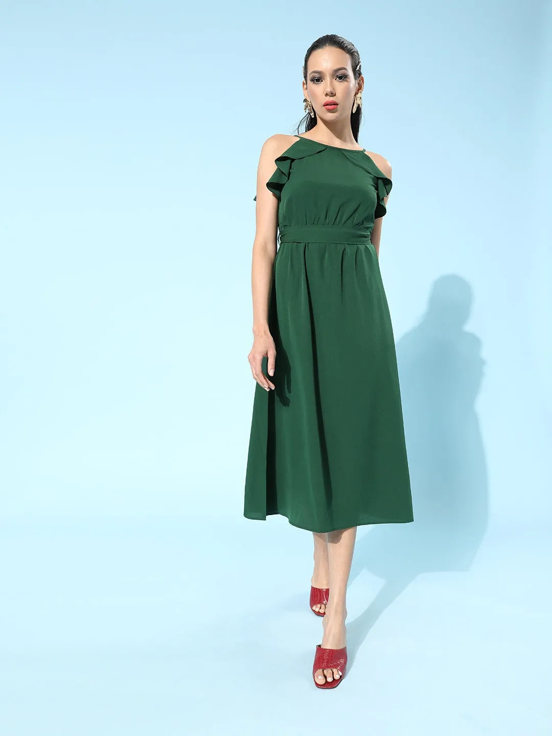 Berrylush Women Solid Green Round Neck Waist Tie-Up Ruffled Fit & Flare Midi Dress