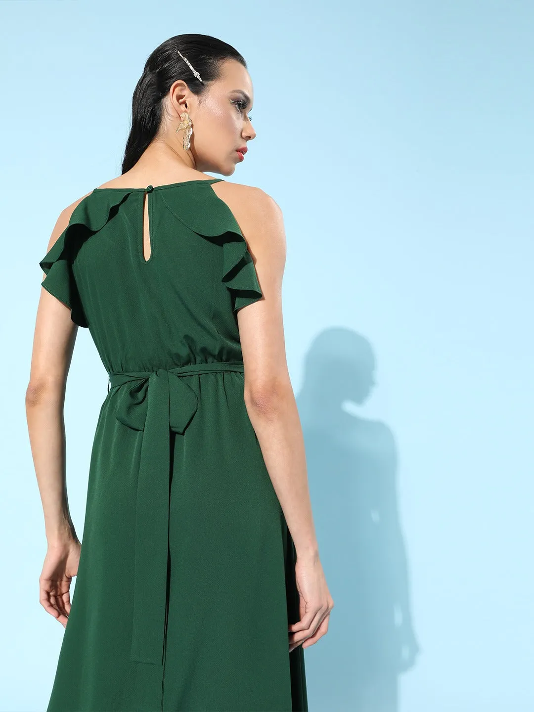 Berrylush Women Solid Green Round Neck Waist Tie-Up Ruffled Fit & Flare Midi Dress